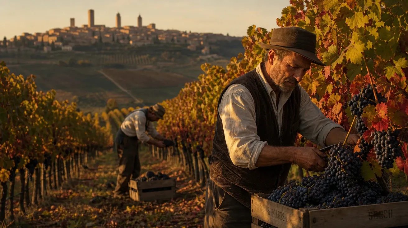 AI-generated autumn picture of a Tuscan vineyard at harvest with workers cutting Sangiovese grape clusters.