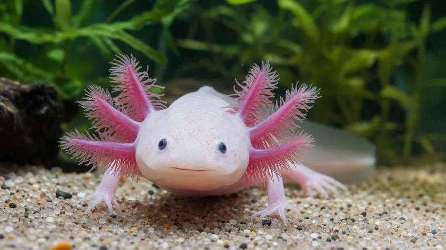 AI axolotl image of a leucistic axolotl with pink gills resting on aquarium gravel under soft top-down lighting.