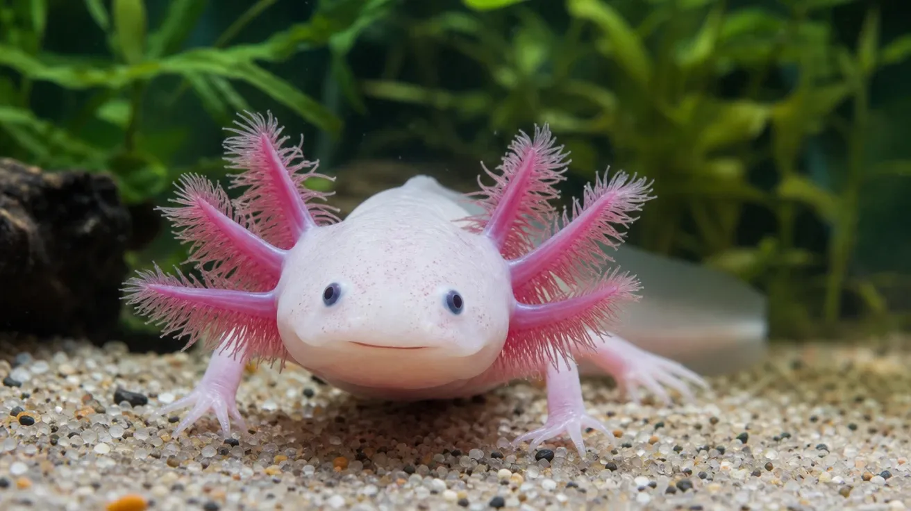 AI axolotl image of a leucistic axolotl with pink gills resting on aquarium gravel under soft top-down lighting.