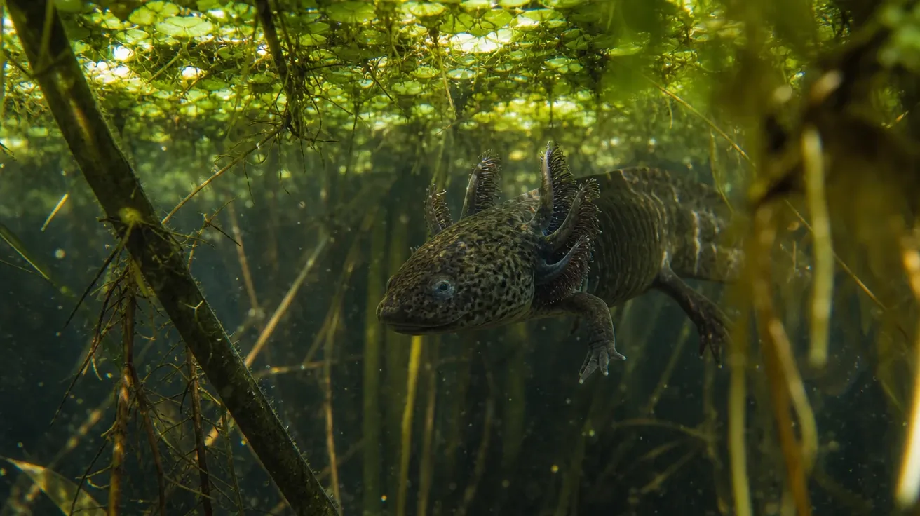 AI axolotl image of a wild-type axolotl swimming through Xochimilco channel water plants in dappled sunlight.
