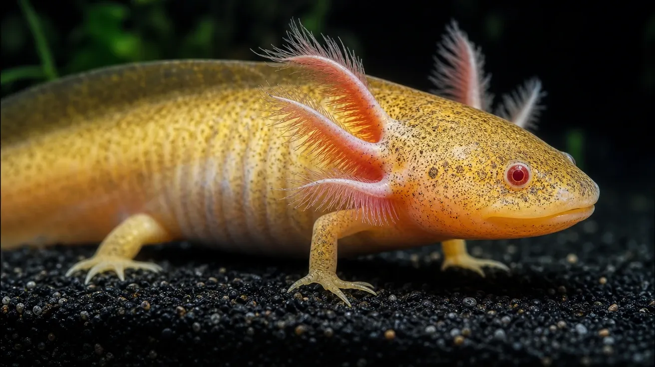 AI-generated axolotl picture of a golden albino axolotl close-up showing bronze speckles and ruby-red eyes.