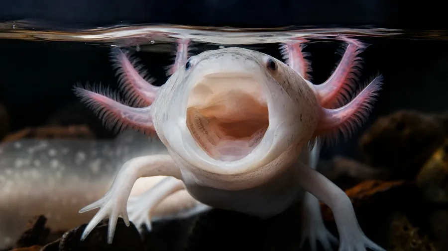AI-generated axolotl picture of a leucistic axolotl mid-yawn at the aquarium surface with mouth wide open.