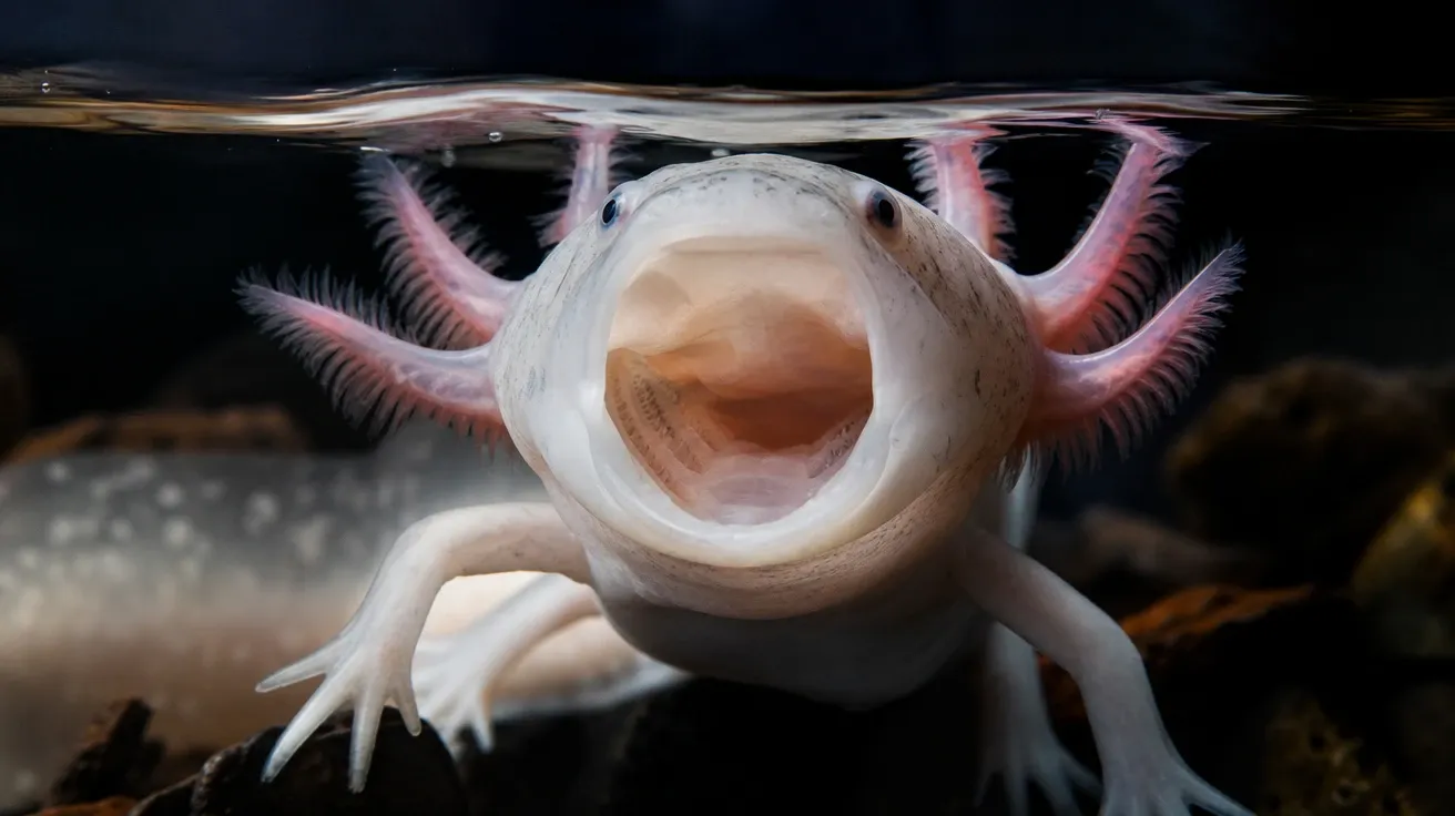 AI-generated axolotl picture of a leucistic axolotl mid-yawn at the aquarium surface with mouth wide open.