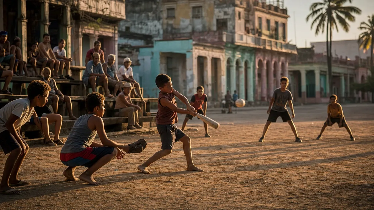 Cuban kids playing sandlot baseball at sunset in old Havana with homemade ball, AI-generated stock baseball image.