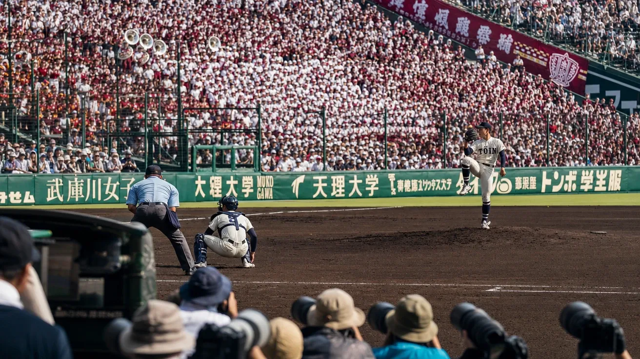 Koshien tournament final at Hanshin Stadium with student bands and packed grandstand, AI-generated stock baseball image.