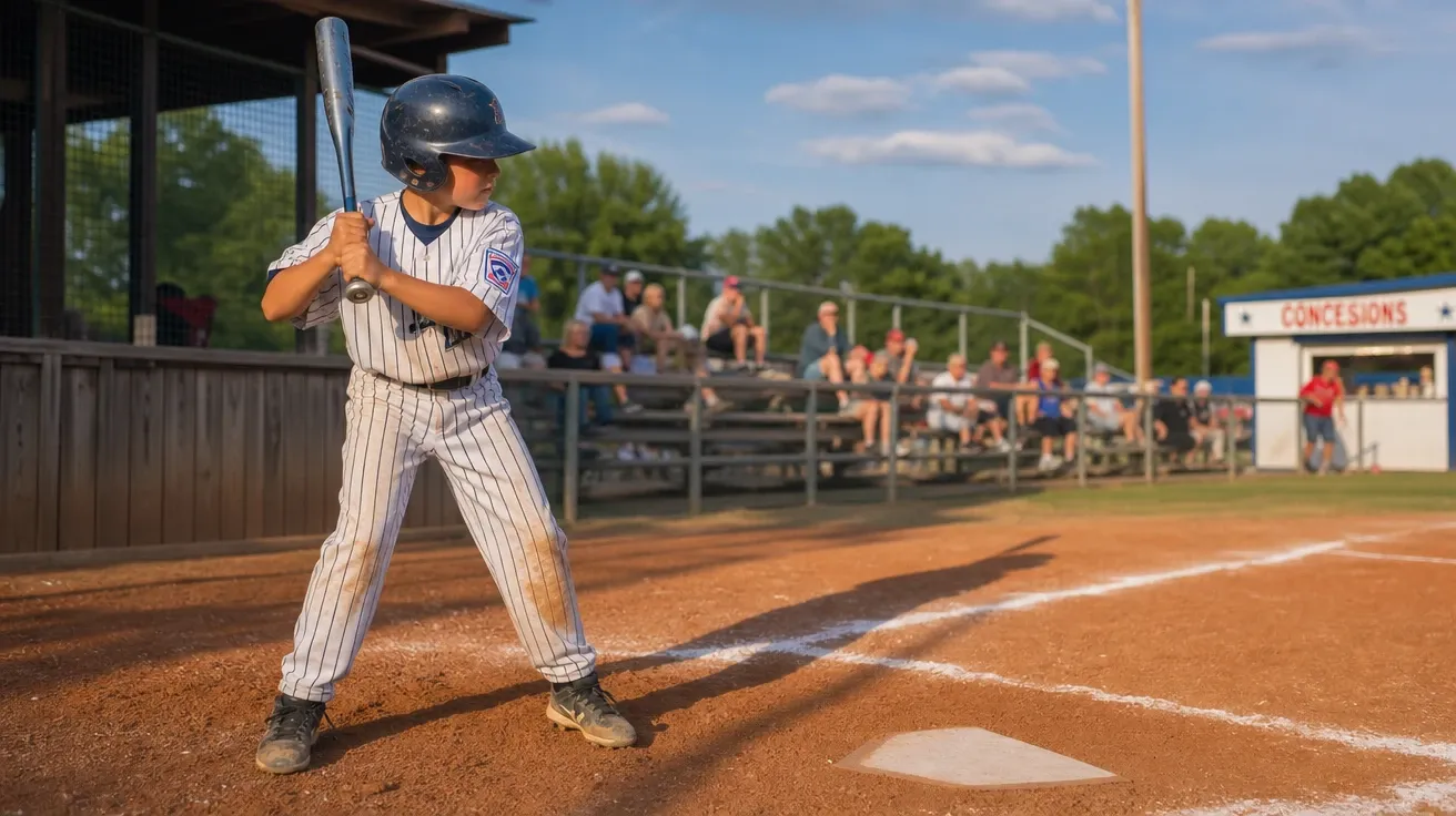 Nine-year-old Little League batter in oversized pinstripe uniform at home plate, AI-generated stock baseball image.
