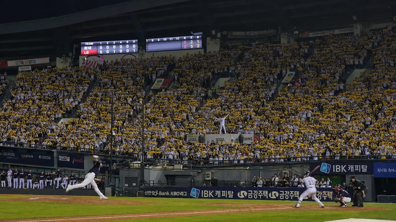 KBO night game in Seoul with synchronized crowd choreography and team-color towels, AI-generated stock baseball image.