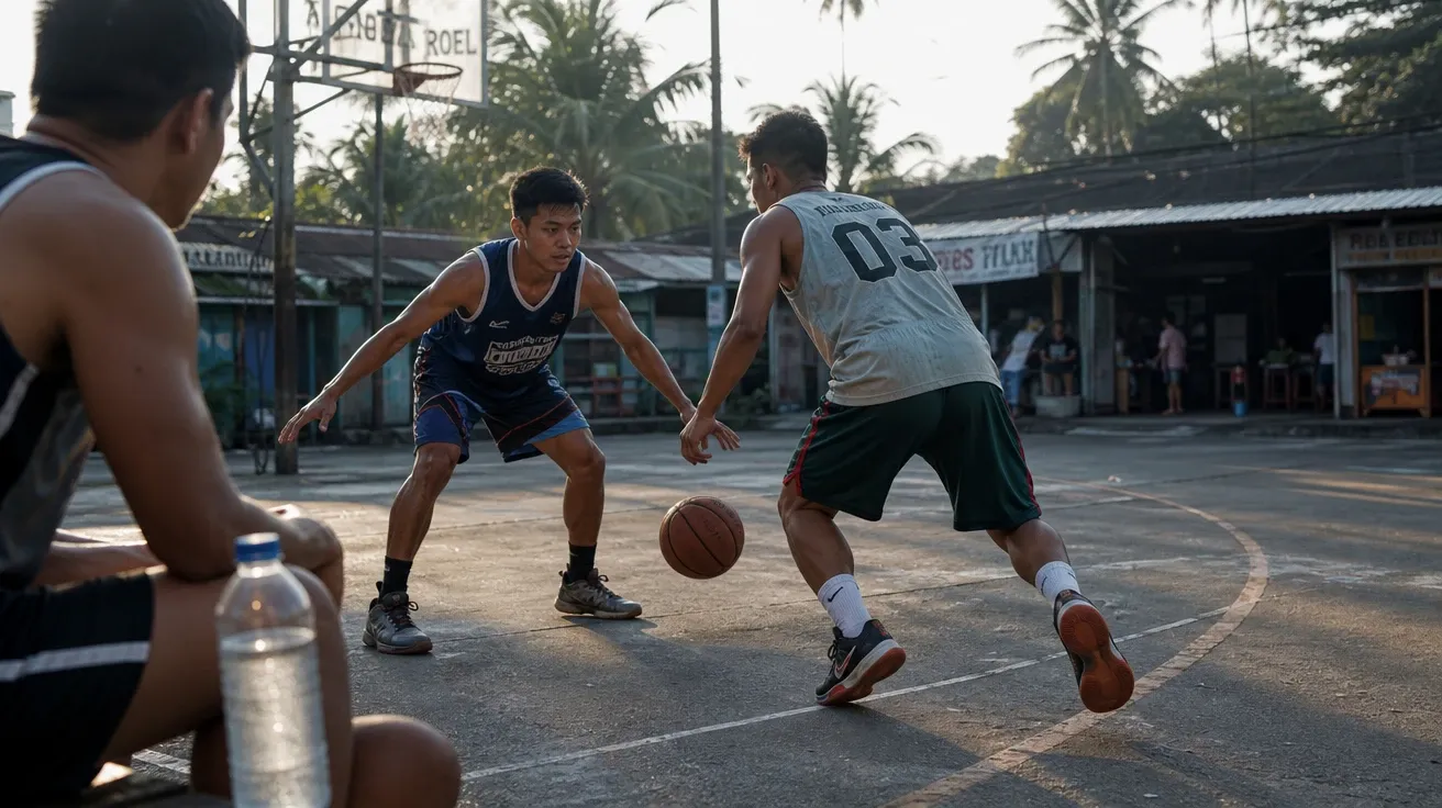 AI stock basketball image: Sunday morning pickup game on a Manila barangay court at golden hour