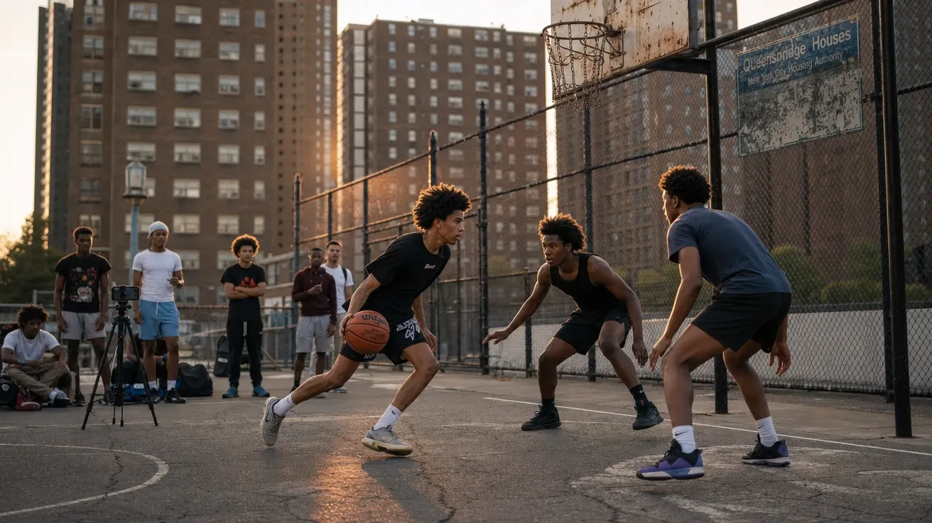 AI stock basketball image: Queensbridge sunset 3-on-3 pickup with chain nets and project towers