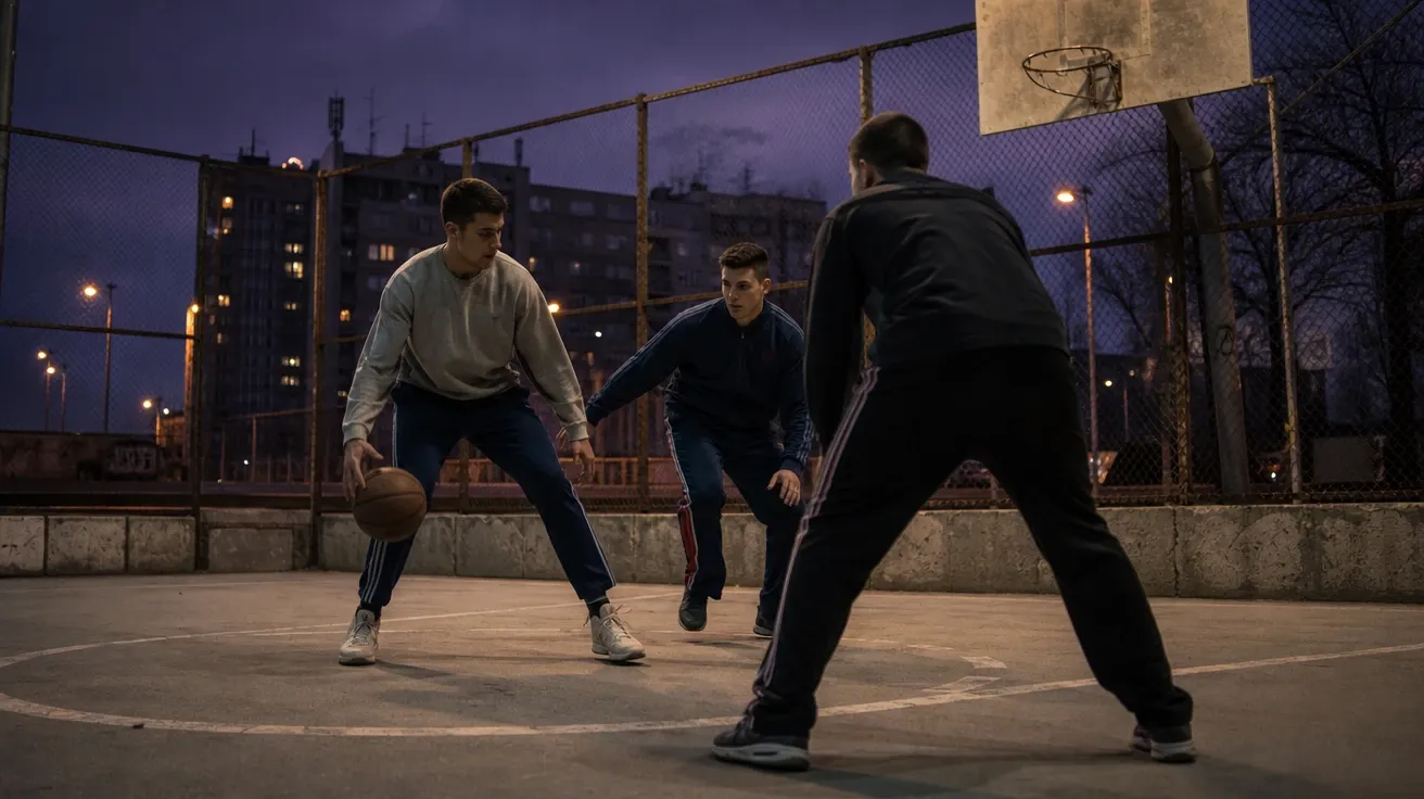 AI-generated stock basketball photo of a Belgrade twilight outdoor cage with sodium streetlamps