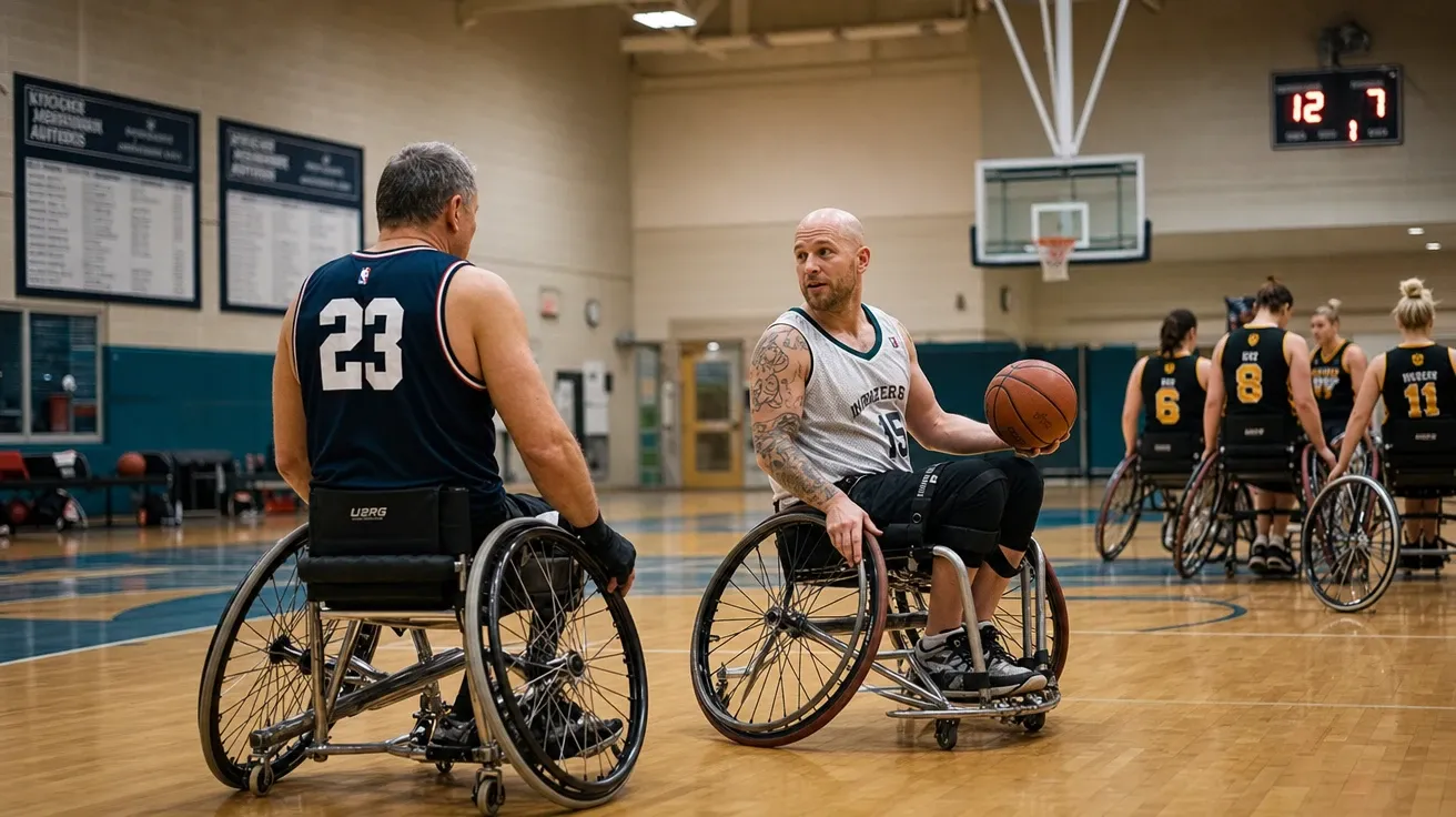 AI-generated stock basketball photo of a wheelchair pickup game at a community sports center