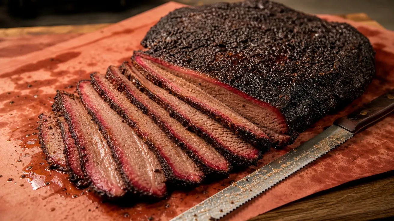 AI-generated 16-hour brisket on butcher paper, sliced point showing a deep red smoke ring under peppery bark.