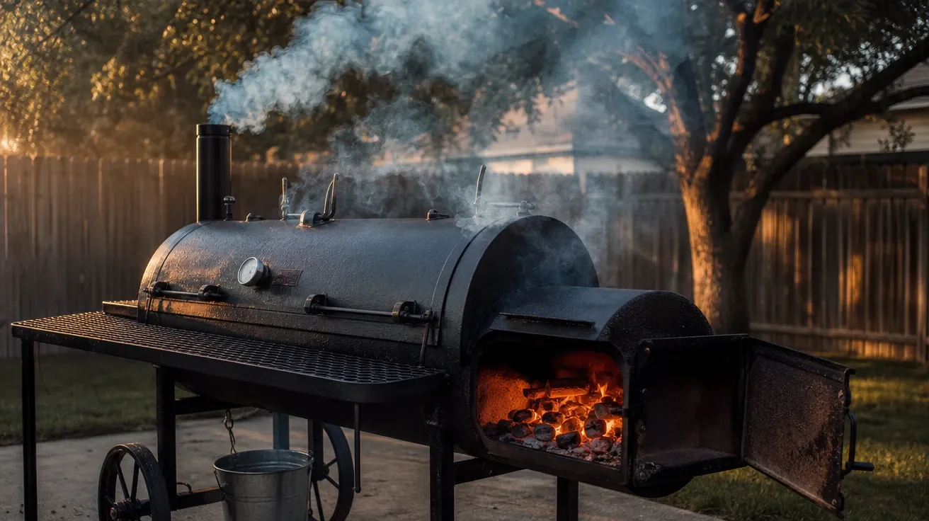 AI stock BBQ image of a Texas-style offset smoker venting hickory smoke into a backyard at golden hour.