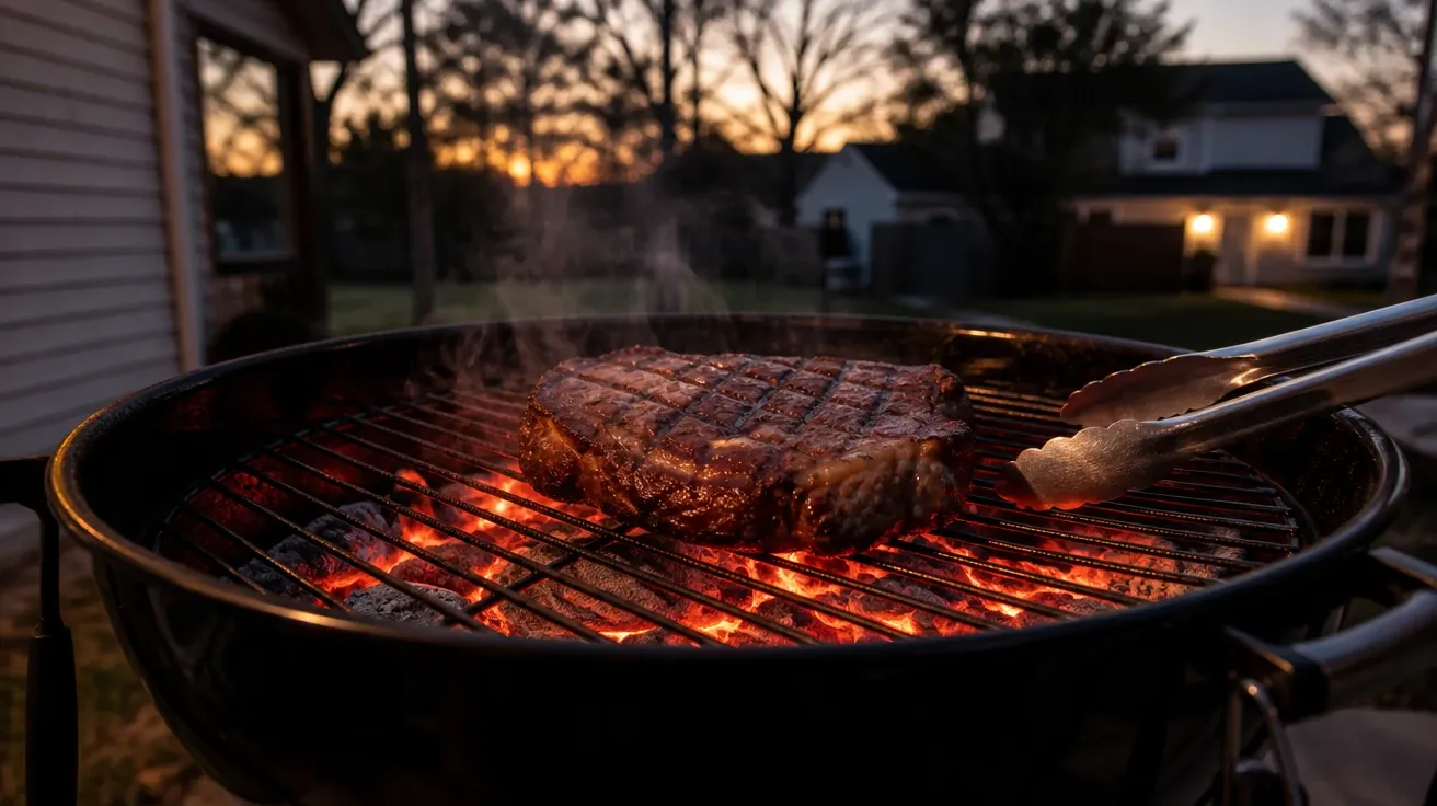 AI-generated black kettle grill ringed with glowing coals as a ribeye is seared with crosshatch grill marks.