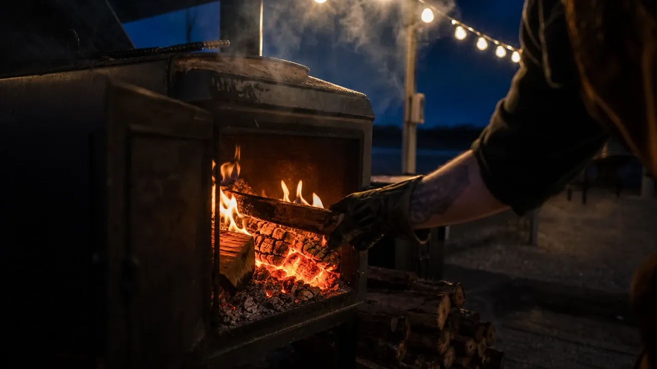 AI-generated pitmaster gloved hand stoking an offset smoker firebox at 3am under a string of work lights.