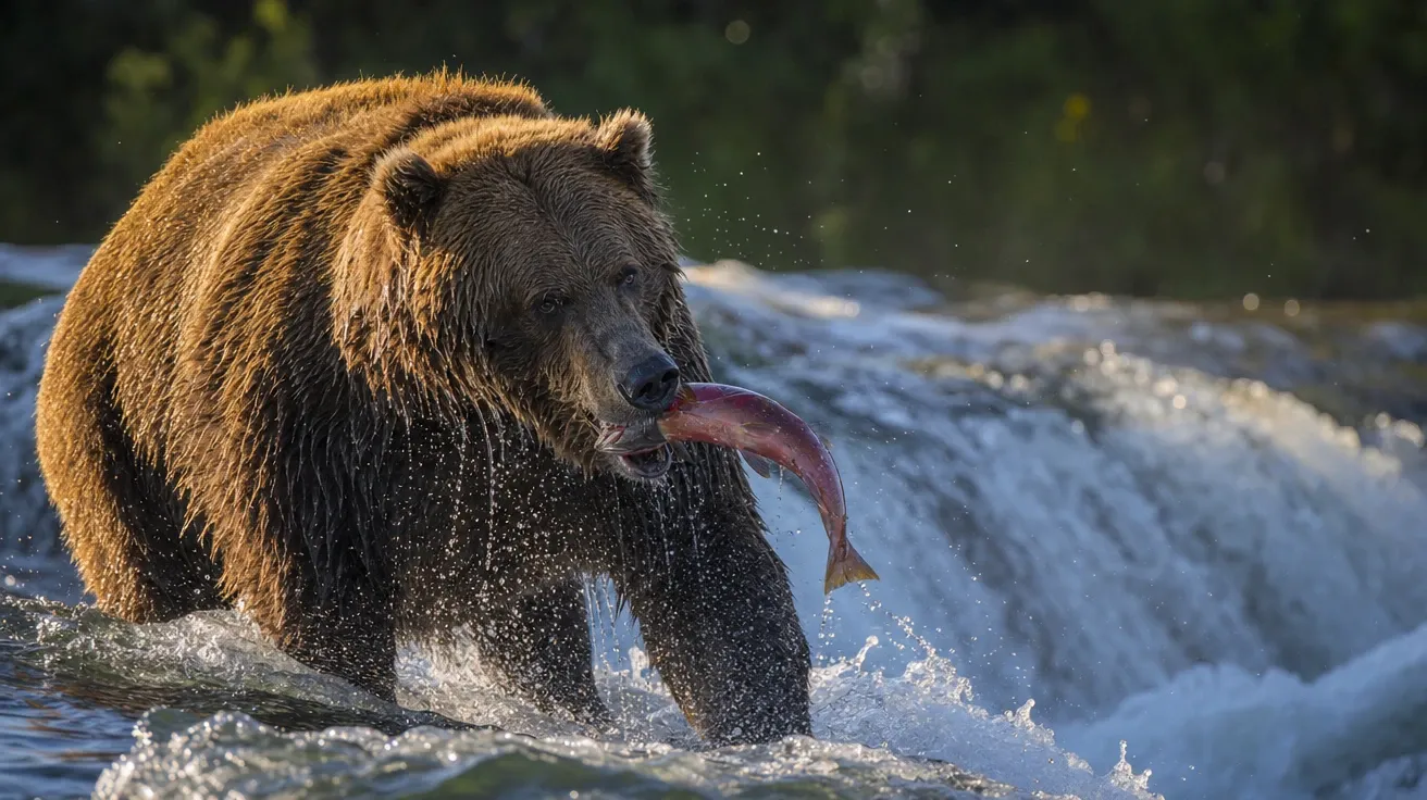 Kodiak coastal brown bear catching a leaping salmon at Brooks Falls in summer evening light, AI-generated bear stock.