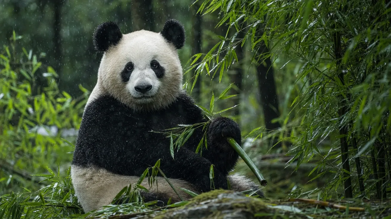 Giant panda sitting in a Sichuan bamboo grove in spring rain at midday, AI-generated bear pictures stock.