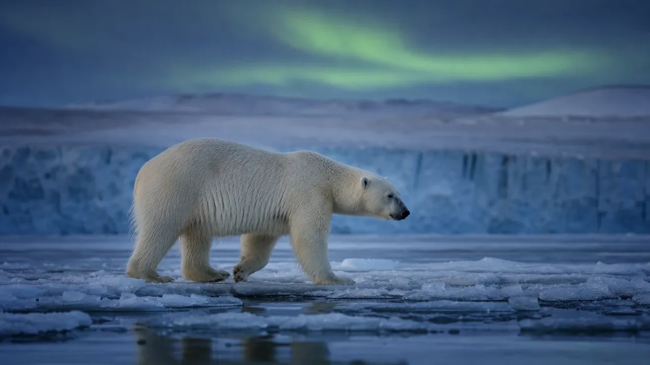 Polar bear walking thin pack ice off Svalbard with a faint aurora overhead at blue hour, AI-generated bear pictures.