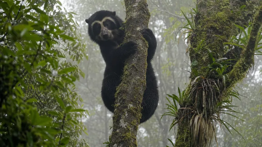 Andean spectacled bear partway up a moss-covered tree in a Peruvian cloud forest, AI-generated bear pictures.