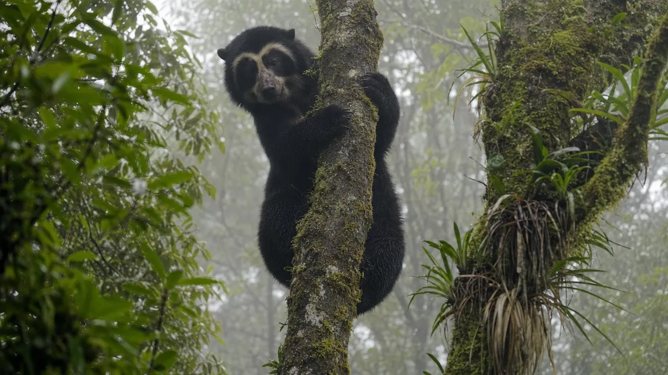 Andean spectacled bear partway up a moss-covered tree in a Peruvian cloud forest, AI-generated bear pictures.