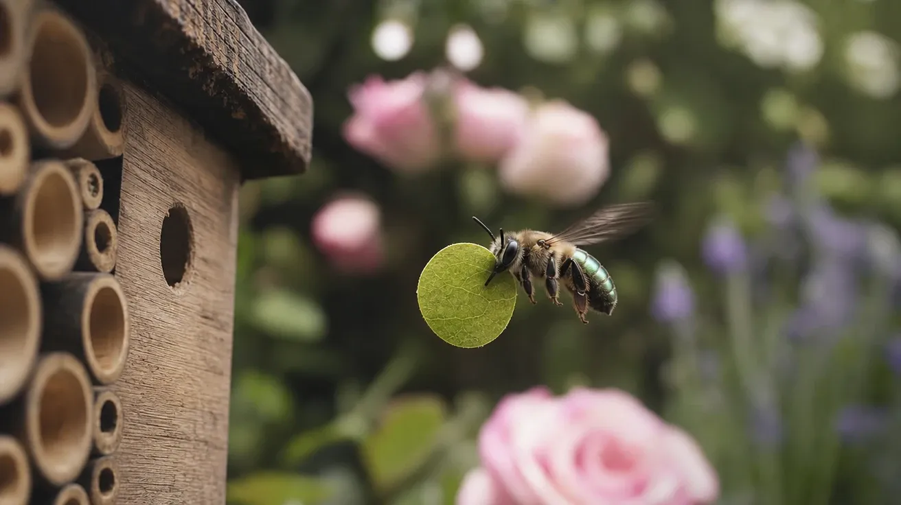 AI bee image of a leafcutter bee in mid-flight carrying a circular green leaf disk back to its nest.