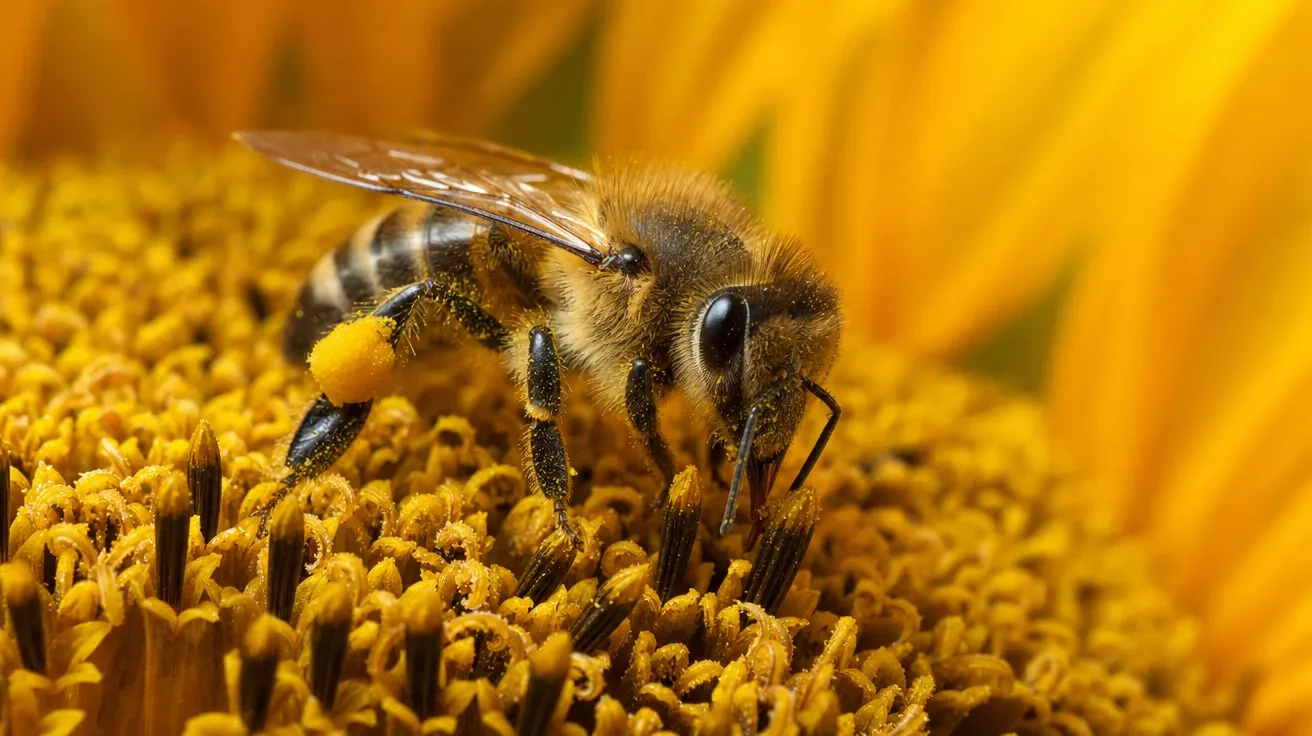 AI-generated bee picture of a honeybee worker on a sunflower disk with golden bands and pollen-laden legs.