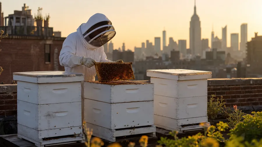AI-generated bee picture of a row of Langstroth hives on a Brooklyn rooftop apiary at sunset with beekeeper.