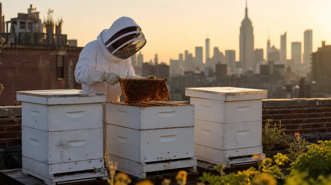 AI-generated bee picture of a row of Langstroth hives on a Brooklyn rooftop apiary at sunset with beekeeper.