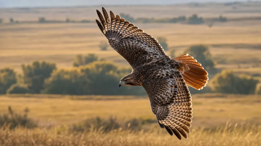 AI bird image of a red-tailed hawk mid-bank in flight over an American meadow with rufous tail fan visible.
