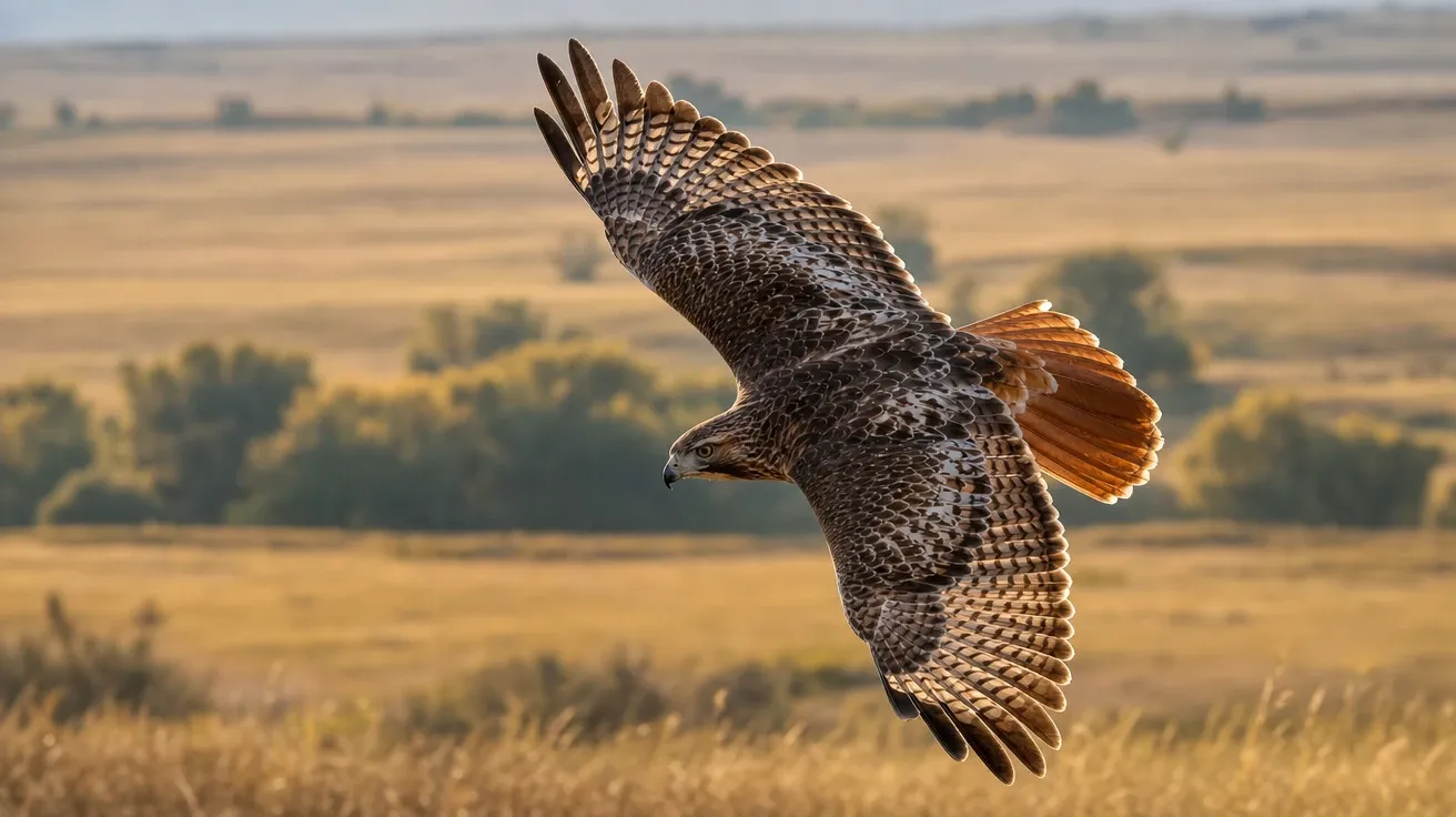 AI bird image of a red-tailed hawk mid-bank in flight over an American meadow with rufous tail fan visible.