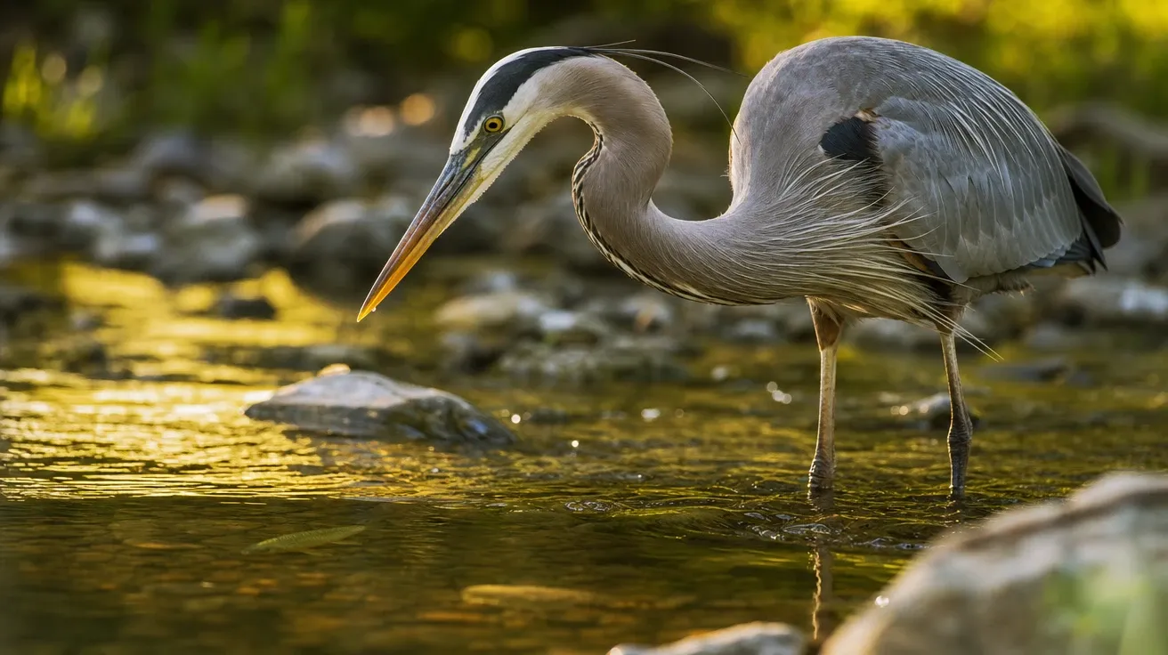 AI bird image of a great blue heron stalking minnows in a shallow stream at golden hour with neck cocked back.