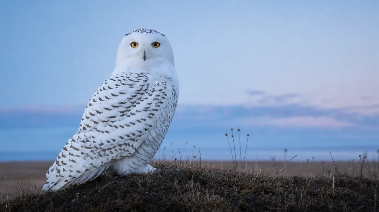 AI-generated bird picture of a snowy owl perched on Arctic tundra at twilight with yellow eyes and white plumage.
