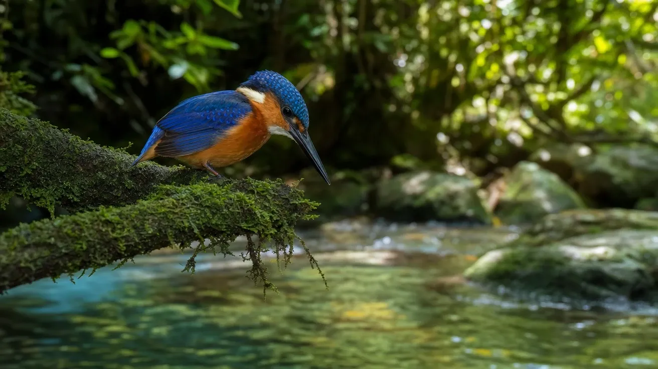 AI-generated bird picture of a colorful Malagasy kingfisher perched on a Madagascan rainforest stream branch.