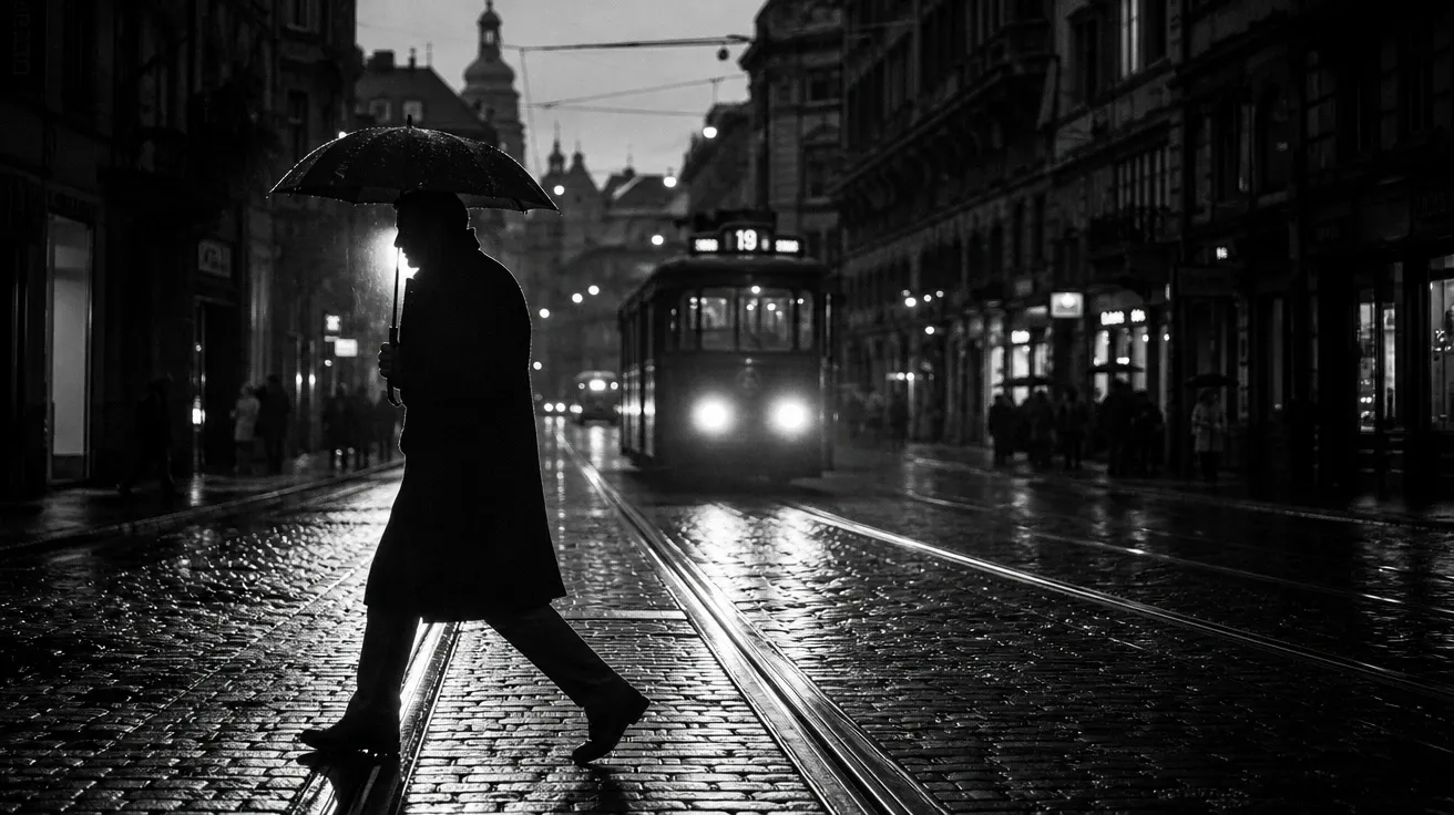 AI-generated black and white image: backlit street silhouette with bright rim light on a wet cobblestone street.