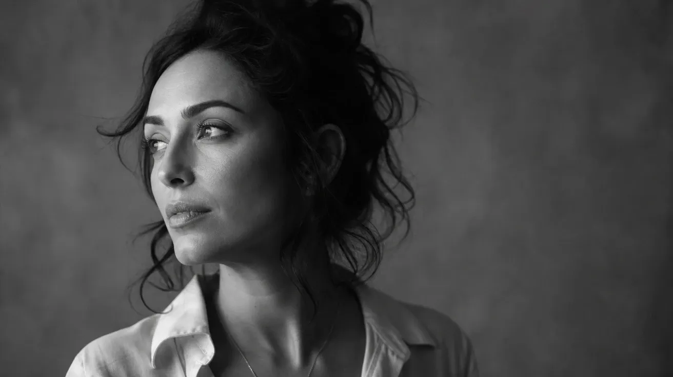 AI-generated black and white image: soft-gradient editorial portrait of a woman in fine-grain monochrome under window light.