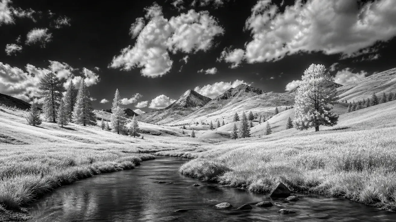 AI-generated black and white image: infrared-style landscape with bright foliage and dark dramatic sky.