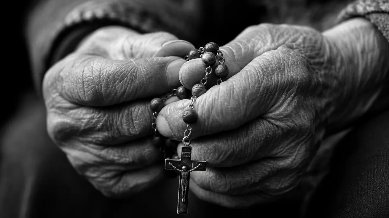 AI-generated black and white image: close-up of an elderly woman's hands holding a worn rosary in silver-gelatin tones.