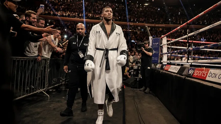 Heavyweight title fight walk-in at Madison Square Garden — AI-generated boxing stock image.