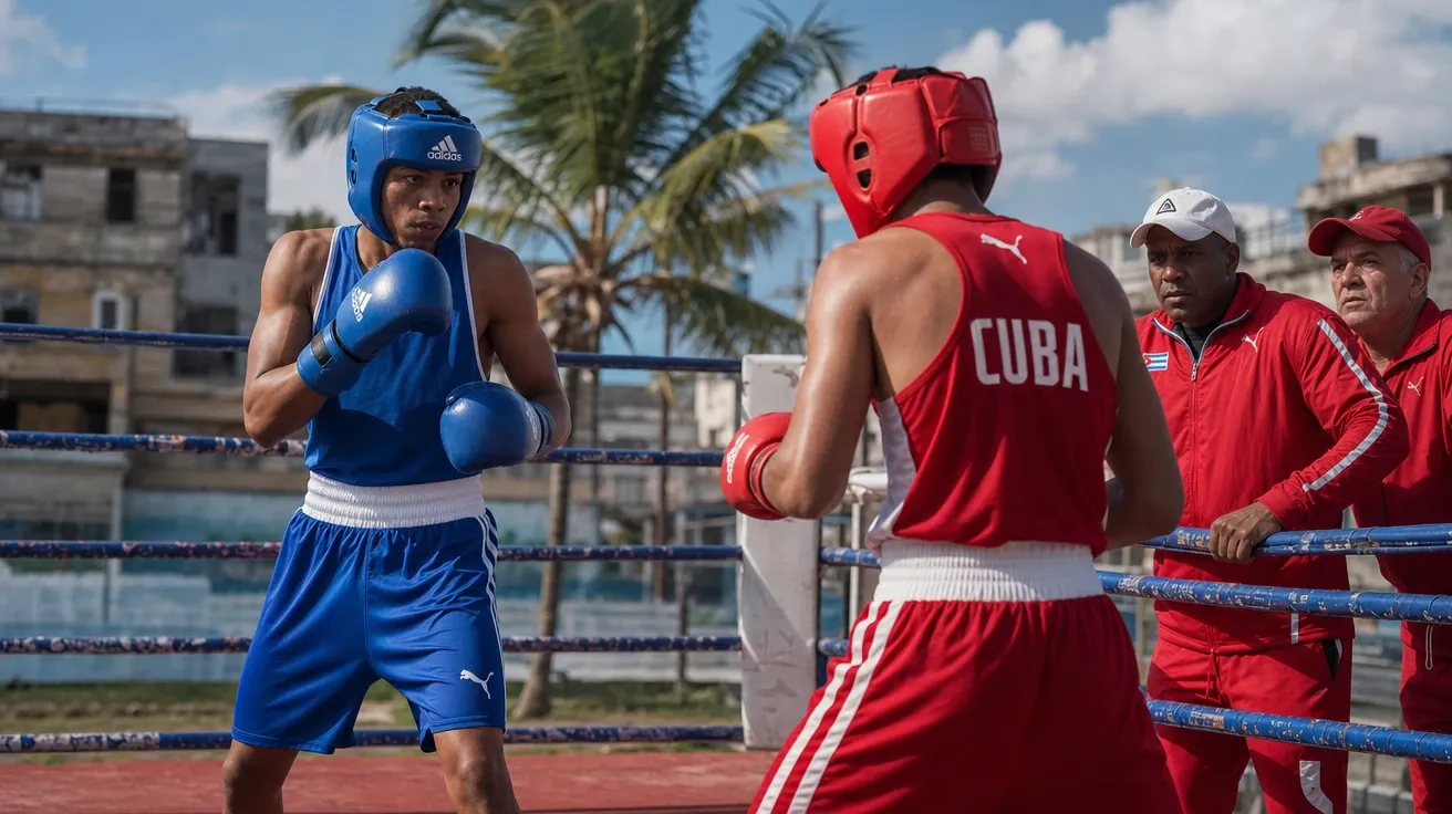 Cuban open-air Olympic amateur sparring with headguards in Havana — AI-generated boxing image.