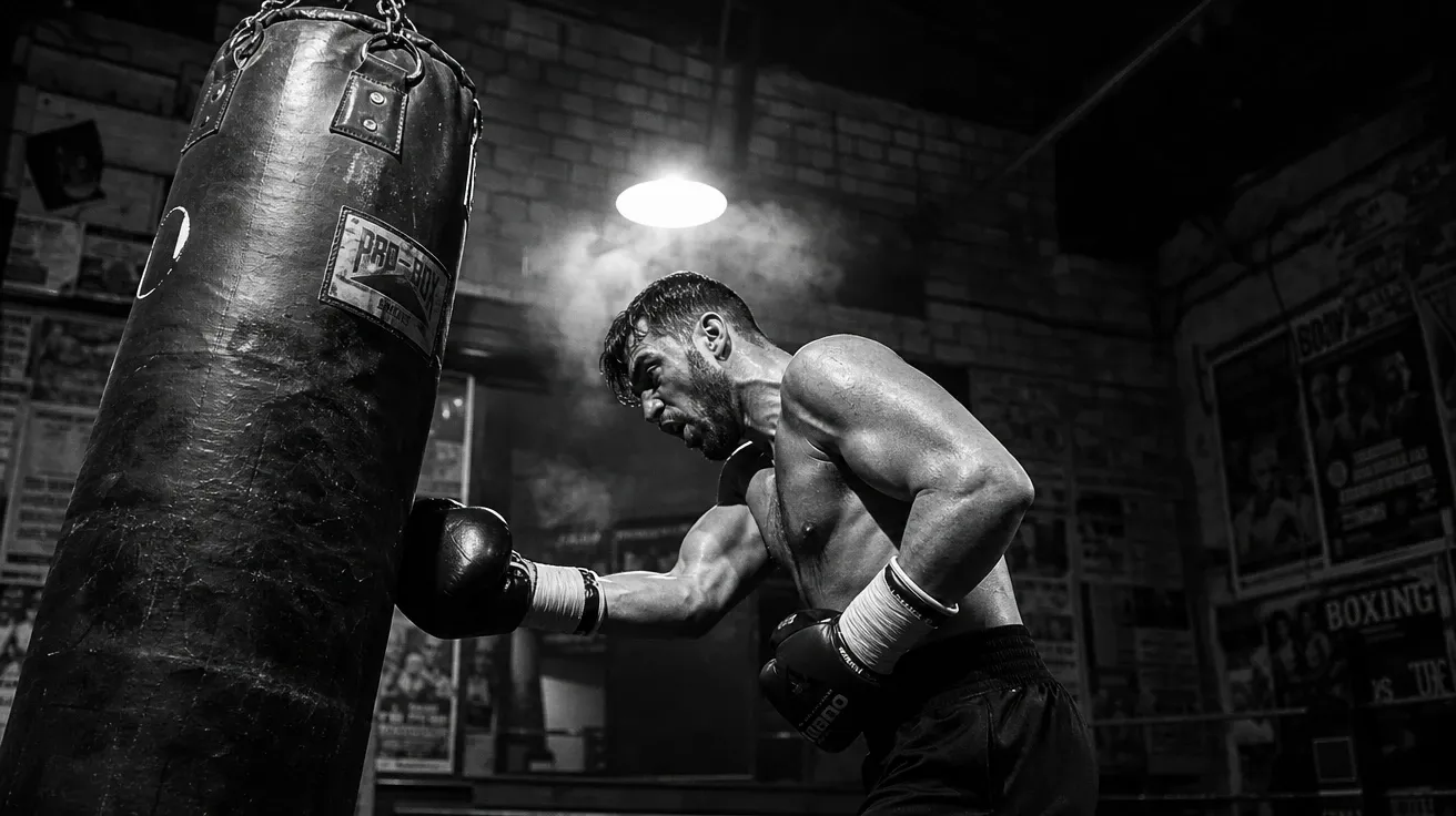 Club-gym morning bag work with mid-uppercut and sweat under a single bulb — AI-generated boxing image.