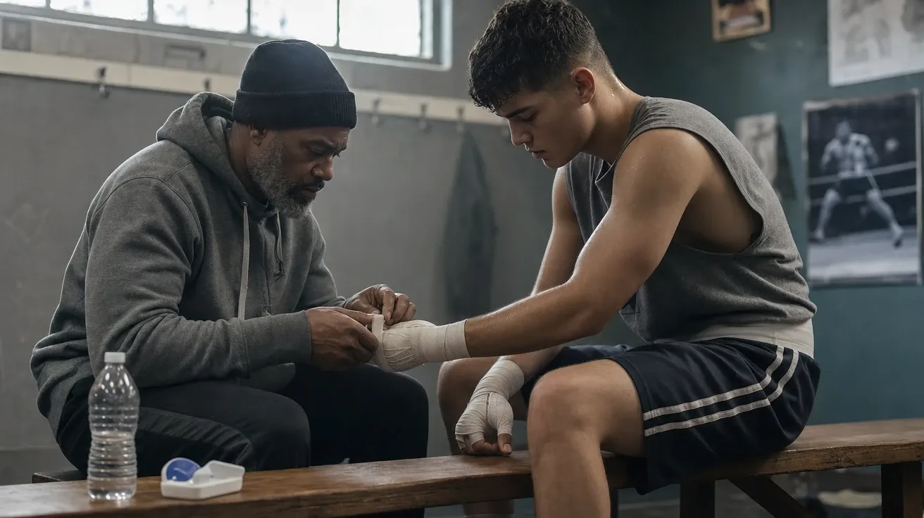 Trainer taping a young fighter's hand wraps in a quiet locker room — AI-generated boxing image.