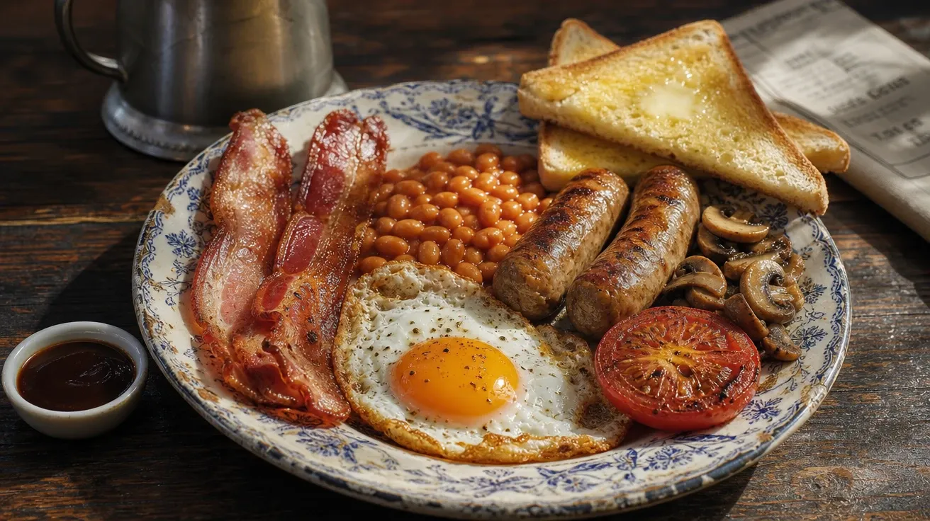 Full English breakfast on a worn pub plate with bacon, fried egg, and beans at midday, AI-generated breakfast images.