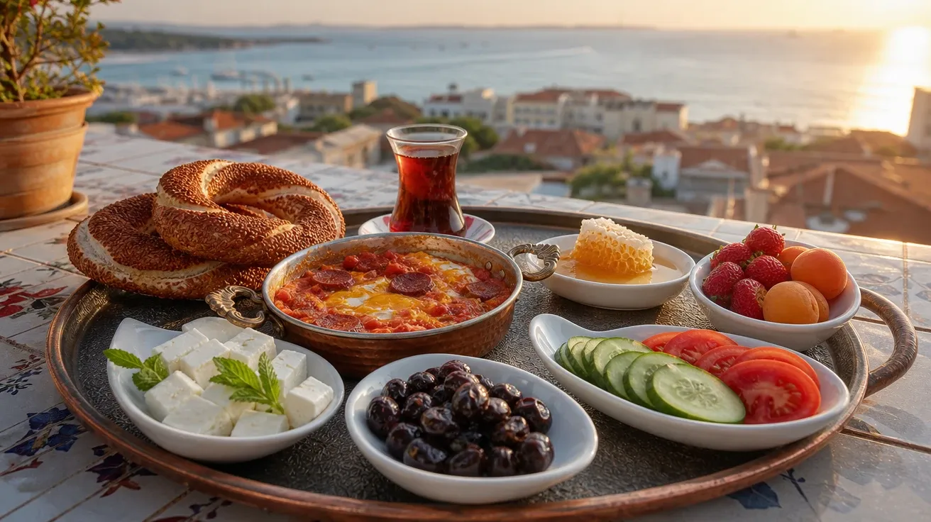 Turkish breakfast spread with peynir, sucuk eggs, and simit on a sun-warmed terrace, AI-generated breakfast images.