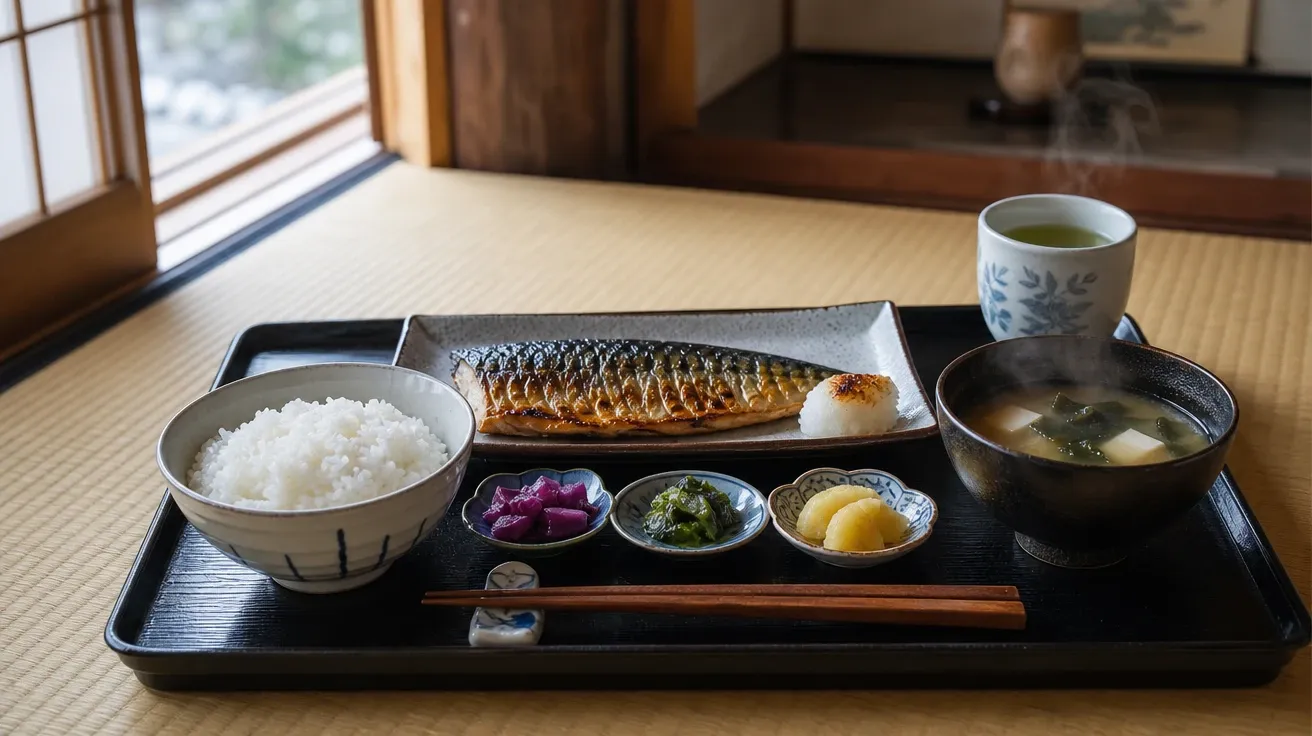 Japanese ichiju-sansai breakfast tray with rice, miso, fish, and pickles at a Kyoto ryokan, AI-generated breakfast images.