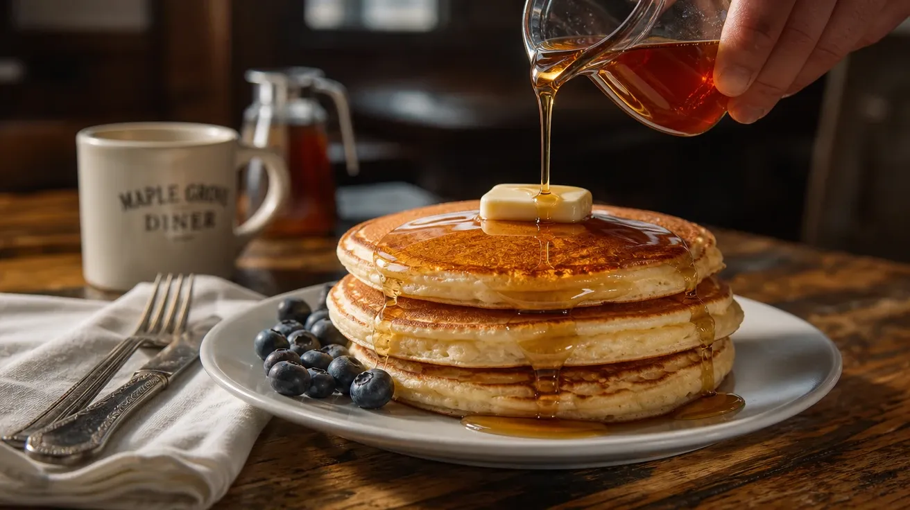 Hand pouring maple syrup onto a stack of buttermilk pancakes at morning, AI-generated breakfast images stock.