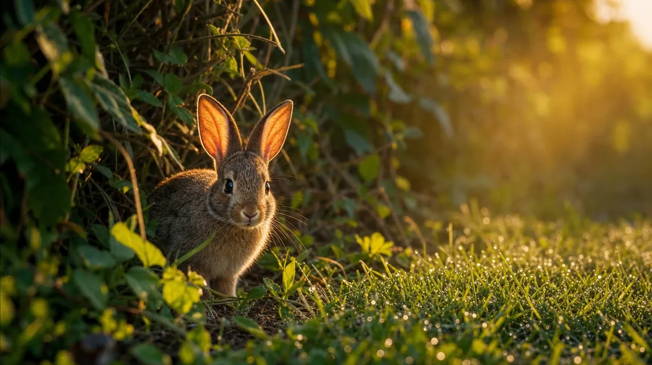 Cottontail kit emerging from a dewy hedgerow at dawn, AI-generated bunny images.