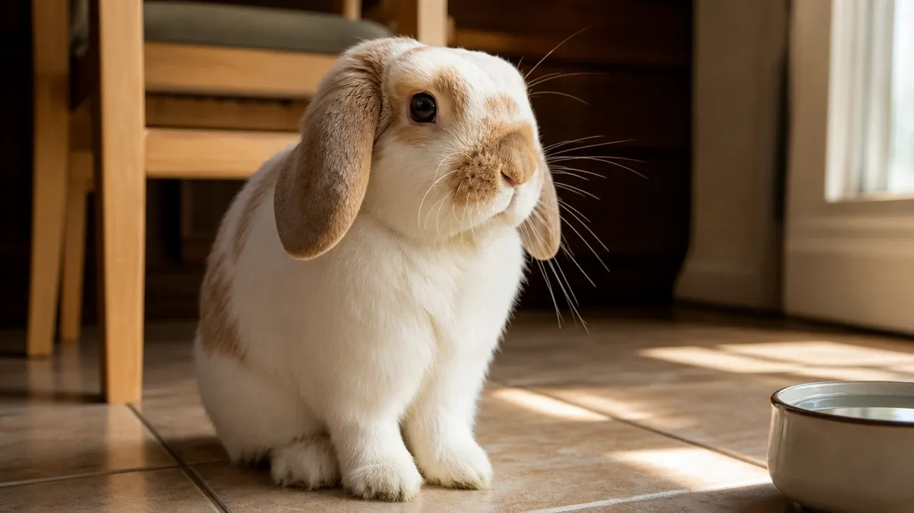 Holland Lop with floppy ears on a sunlit kitchen tile, AI stock bunny image.