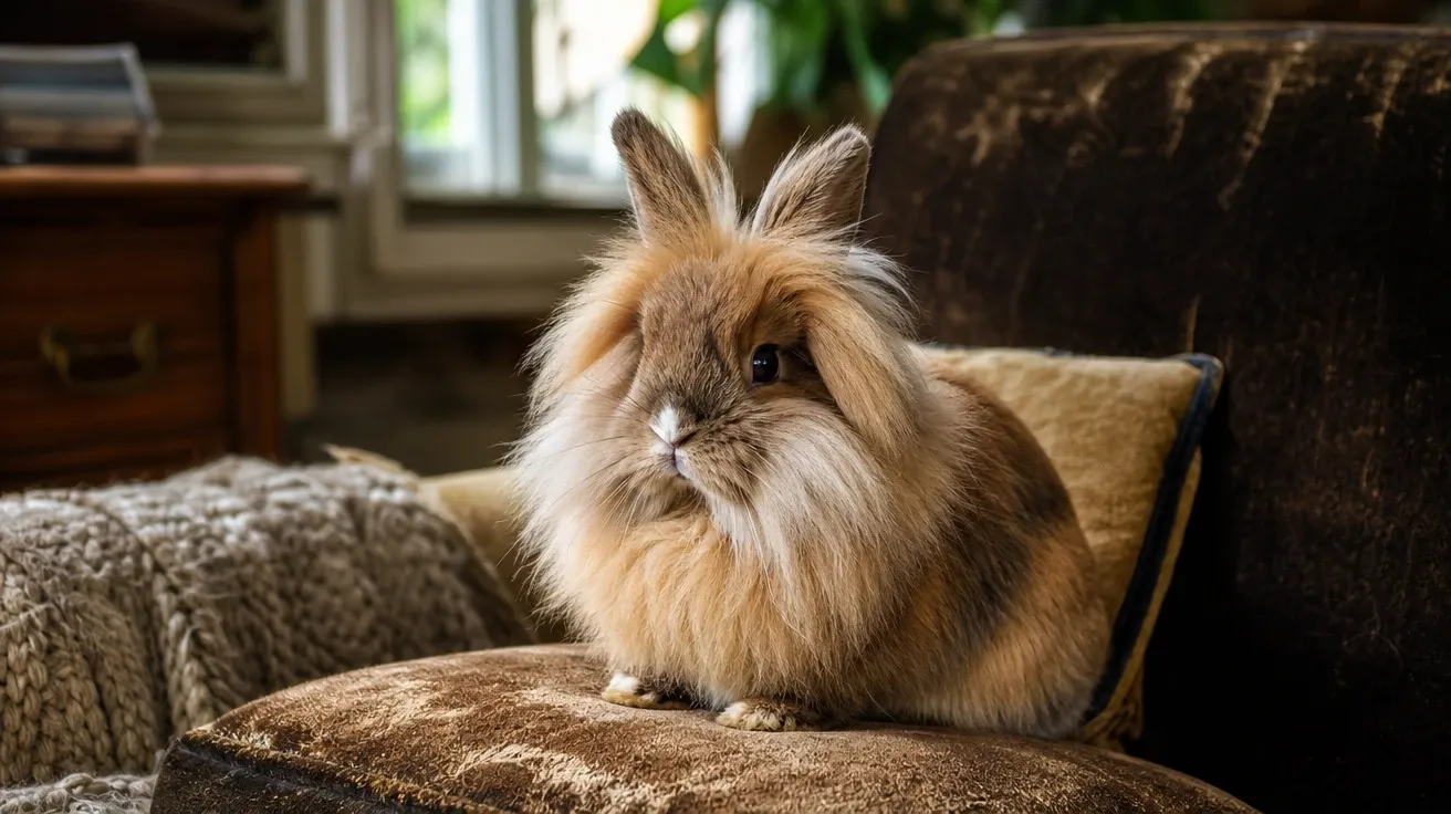 Lionhead rabbit with full mane on a couch cushion, AI stock bunny breed image.