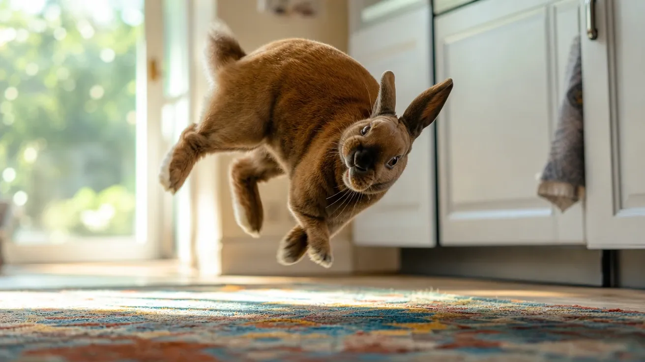 Mini Rex mid-binkie kicking heels on a kitchen rug, AI stock bunny behavior image.