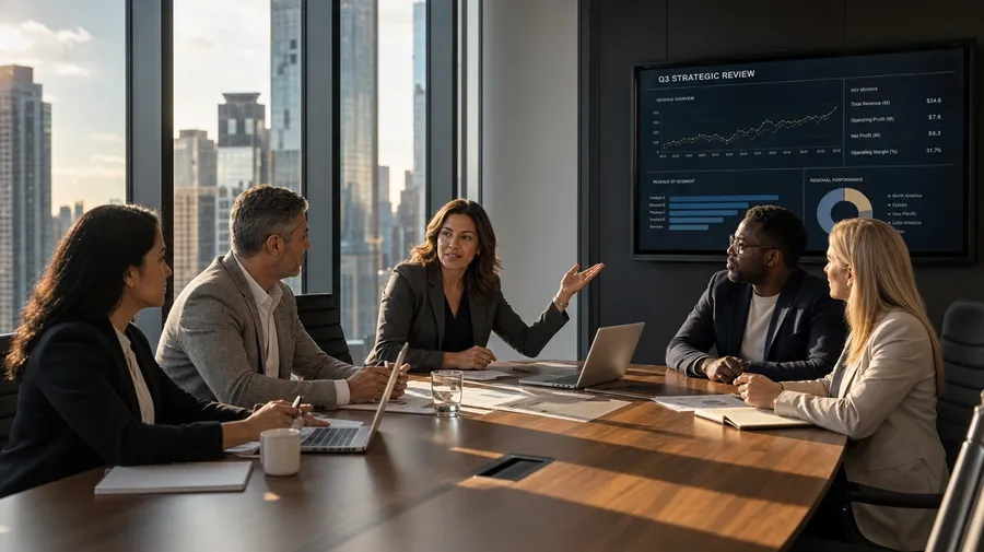 Diverse leadership team in a Manhattan boardroom strategy session at golden hour, AI-generated business stock photo.